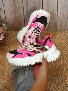 Plus Size Couples/Unisex Mesh Breathable Platform Thick Sole Chunky Sneakers Fashion Casual Sports Shoes - Black Rose Pink - View 4