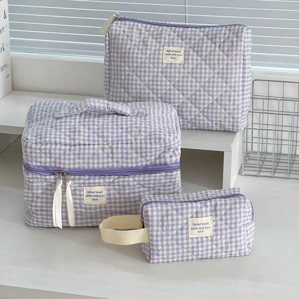 Blueberry Plaid Handheld Toiletry Makeup Bag, Soft Fabric Travel Storage Organizer Pouch For Women Toiletry Bag Wash Bag Bathroom Beach Bag Vacation Holiday Essentials Beach School Supplies Travel Essentials Ladies Dorm College Homecoming Back To School Supplies