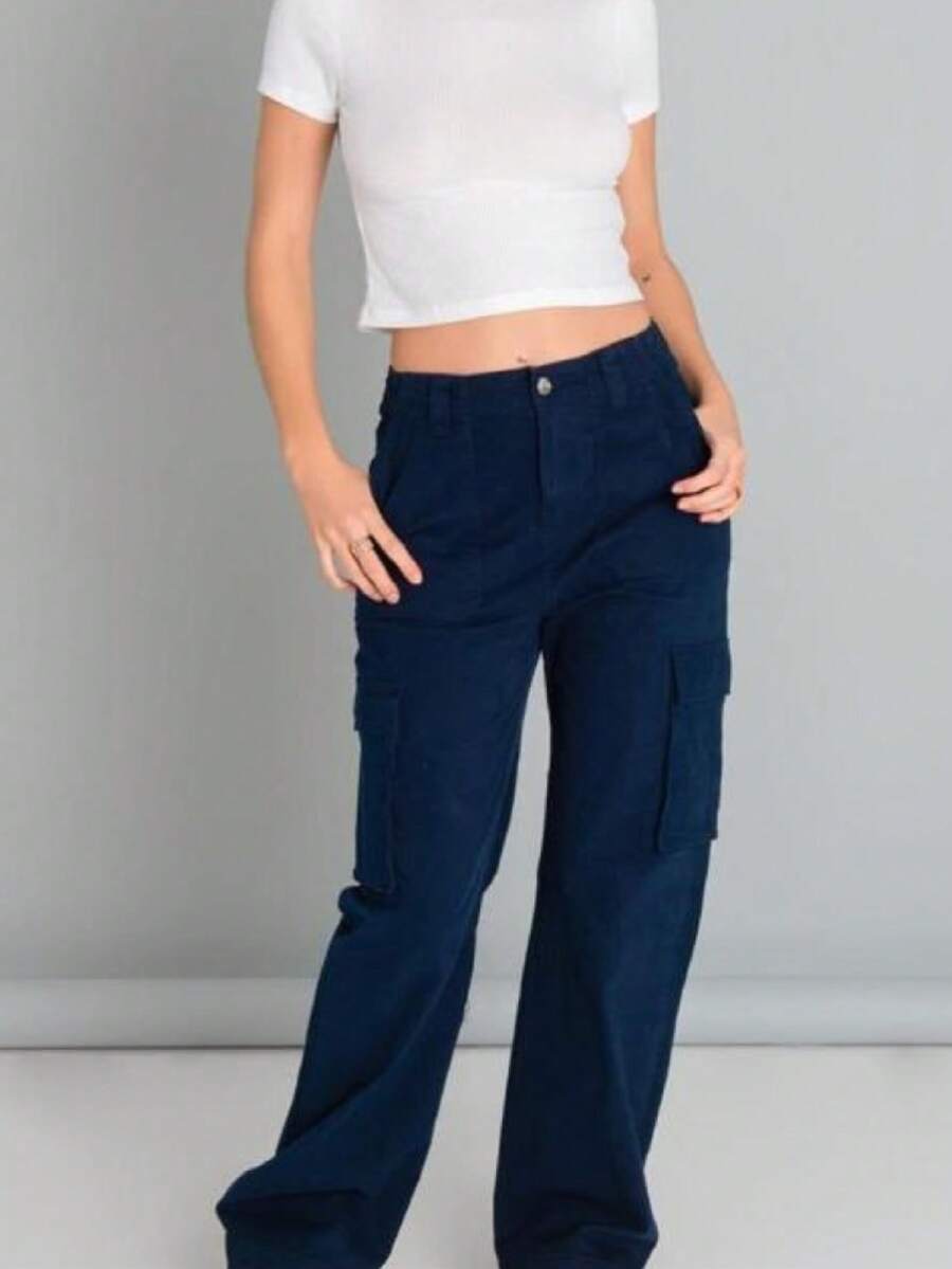 Flared Cargo Pants For Women - Navy Blue - View 1
