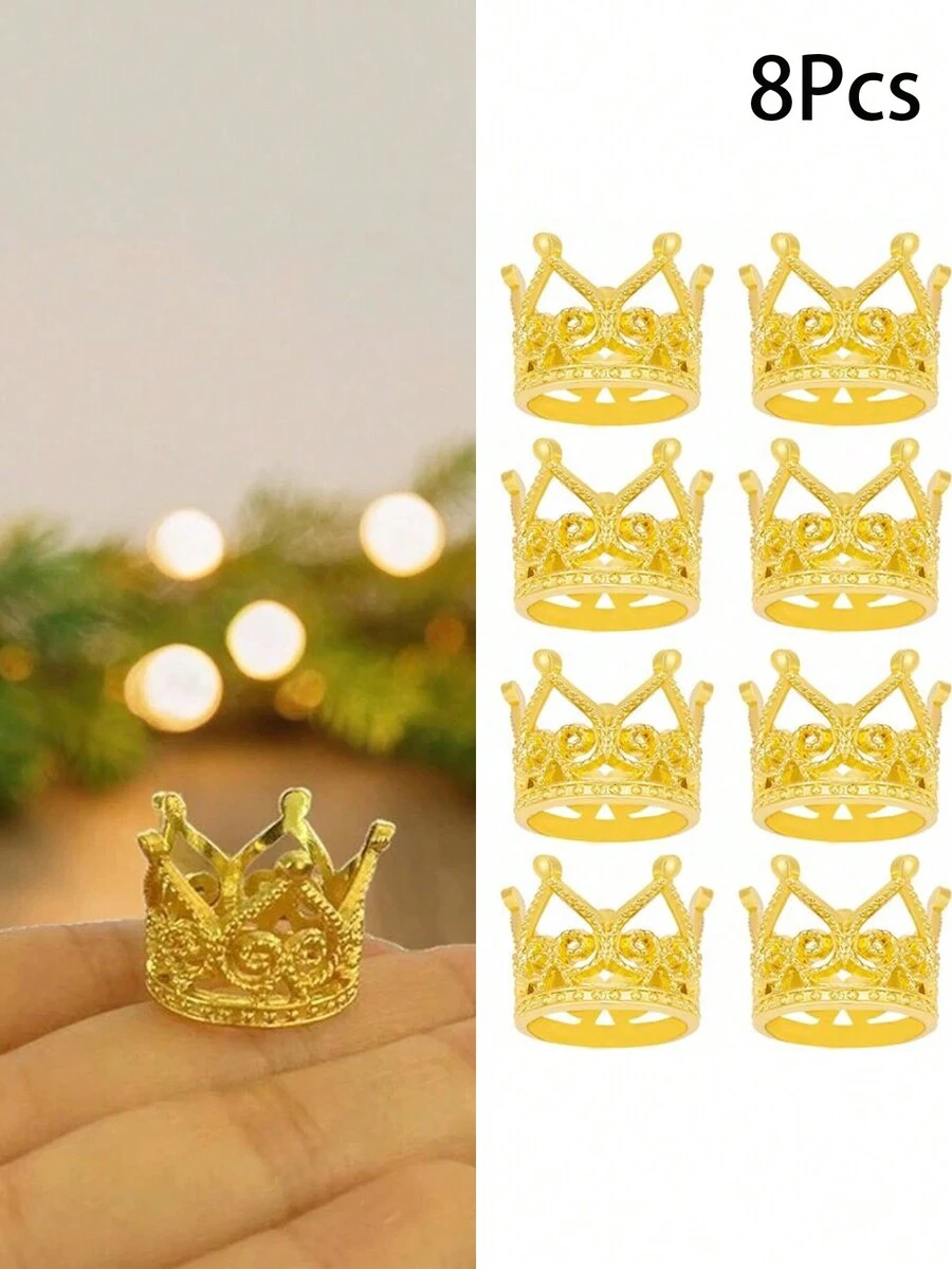 8 piezas Mini corona de aleación pequeña, decoraciones de pastel de princesa, flores y accesorios de fiesta, para boda, cumpleaños, festival - Multicolor - Ver 1