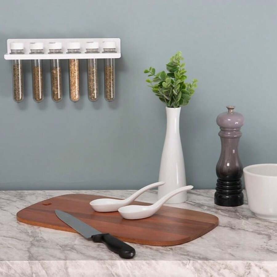 Wall-Mounted Spice Rack Organizer With Measuring Lid And 6 Acrylic Jars For Kitchen - 白色 - 查看 1