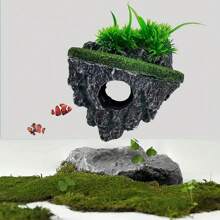 Multi-Use Aquarium Floating Island Decor With Artificial Greenery - ABS Floating Rock With Shelter For Fish, Scenery Rockery For Fish Tank Landscaping