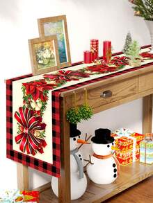 1pc Christmas Theme Table Runner, Christmas Red Green Plaid Red Golden Bells And Black Red Plaid Pattern, Merry Christmas, Suitable For Christmas Party Decoration, Living Room Wall Decor - Multicolor - View 8
