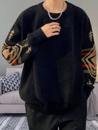 YouYuchen 大码男士创意横条纹印花针织毛衣，时尚休闲套头毛衣，柔软舒适保暖面料，适合春秋冬季