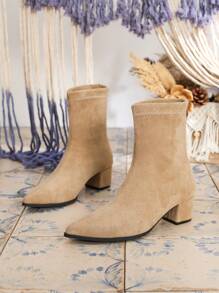 Pointed Toe Fashion Sexy Apricot Suede Versatile Back Zipper Women's Chunky Heel Ankle Boots