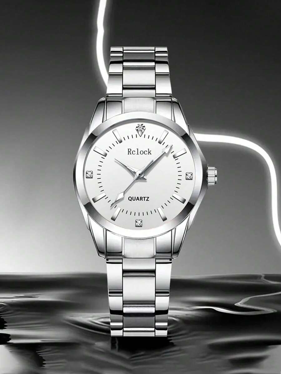 Women's Fashion Minimalist Roman Numeral Mixed Crystal Dial Quartz Watch, Round Pointer, Suitable For Party, Wedding, Beach Vacation And Valentine's Day Occasions - Silver - View 1