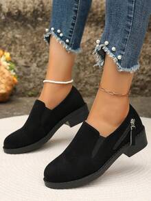 Giày đế xuồng trang trí khóa kéo bên hông cho nữ, Giày bốt cổ cao cổ thun cổ điển, Giày thể thao đế xuồng đa năng ngoài trời thông thường - màu đen - Xem 2