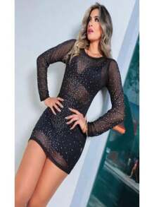 Long Sleeve Short Transparent Shiny Rhinestones Stress Dress - 黑色 - 查看 5
