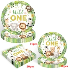 10 件 Wild One 生日派对用品餐具套装生日装饰品包括盘子、餐巾动物丛林主题 Wild One 派对用品适用于一岁生日派对桌面装饰促销 - 彩色 - 查看 7