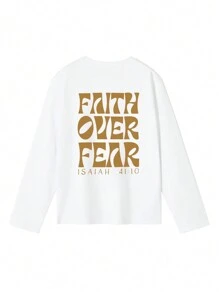 1 件青少年男孩休闲印花圆领长袖 T 恤，秋冬学生装，“Faith Over Fear”柔软套头 T 恤，适合日常穿着
