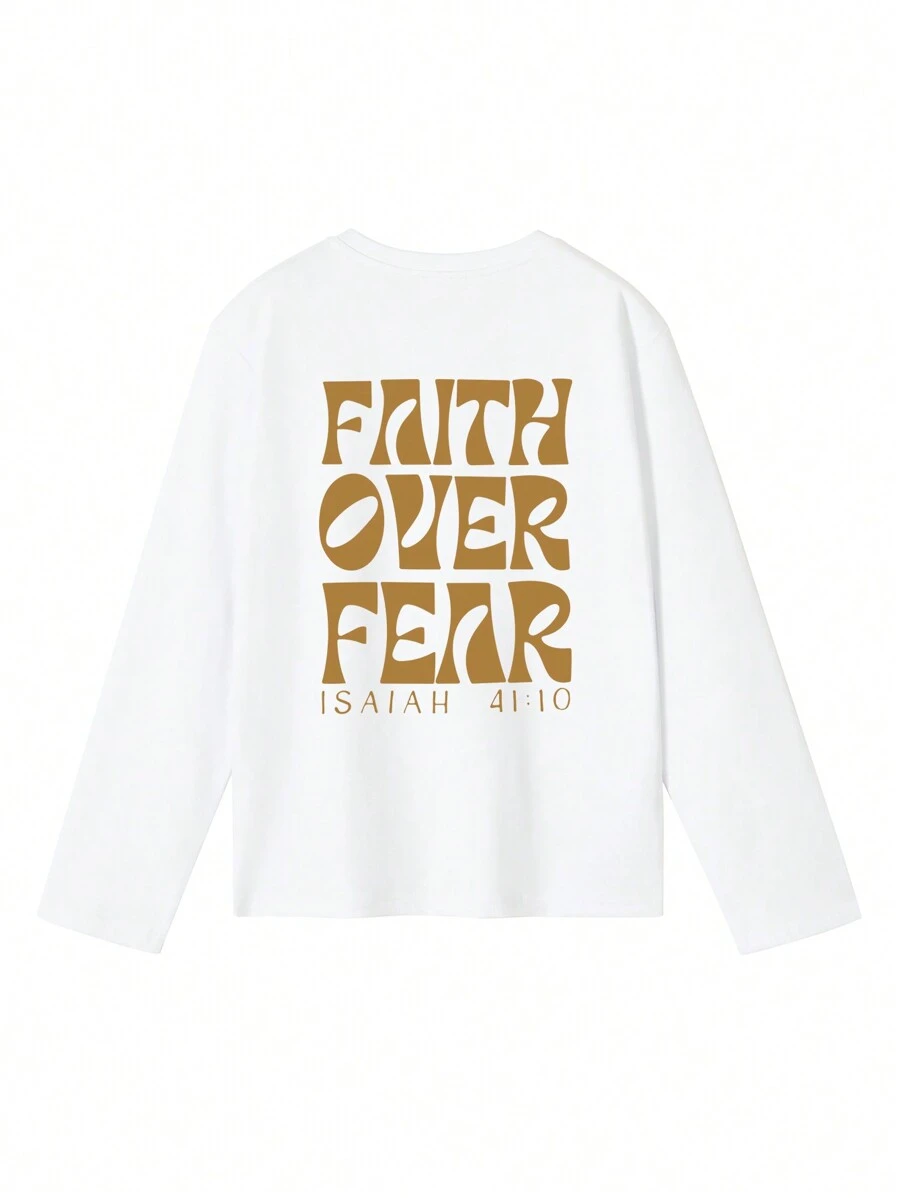 1 件青少年男孩休闲印花圆领长袖 T 恤，秋冬学生装，“Faith Over Fear”柔软套头 T 恤，适合日常穿着