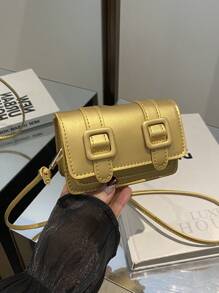 迷你时尚纯色简约翻盖单肩包，适合逛街，钱包，购物，年轻女性，大学生，新人，白领。非常适合办公室，大学，工作，商务，通勤，户外活动，旅行和郊游 - 金色 - 查看 6