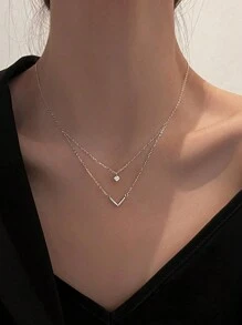 Double-Layer V-Shaped Zirconia Stone Necklace For Women, Minimalist & Elegant Style Small Design Necklace - Silver - View 9