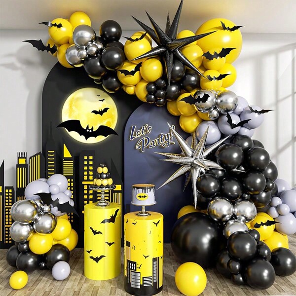 1 Set 5/10/12/18Inch Black Yellow And Metallic Silver Explosion Star Latex Foil Balloons Arch Garland Kit With 3D Bat Stickers For Man Bat Hero Theme Happy Birthday Party Decorations