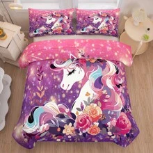 NINENINE Pink Unicorn Comforter Sets Twin/Full/Queen/King Size, Rainbow Unicorn Bedding Sets For Girls, Pink Bedding Set Unicorn Chessboard Room Decor All Season - Purple - View 3