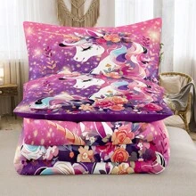 NINENINE Pink Unicorn Comforter Sets Twin/Full/Queen/King Size, Rainbow Unicorn Bedding Sets For Girls, Pink Bedding Set Unicorn Chessboard Room Decor All Season - Purple - View 4