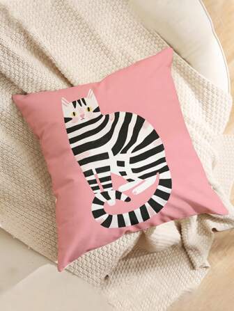 1pc Cat Pattern One-Sided Printed Cushion Cover, Home Decor Pillow Sham, Without Filling