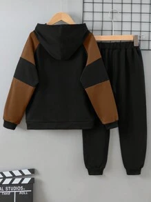 2pcs Tween Boy Soccer Print Colorblock Hooded Sweatshirt And Pants Set, For Autumn - Brown - View 2