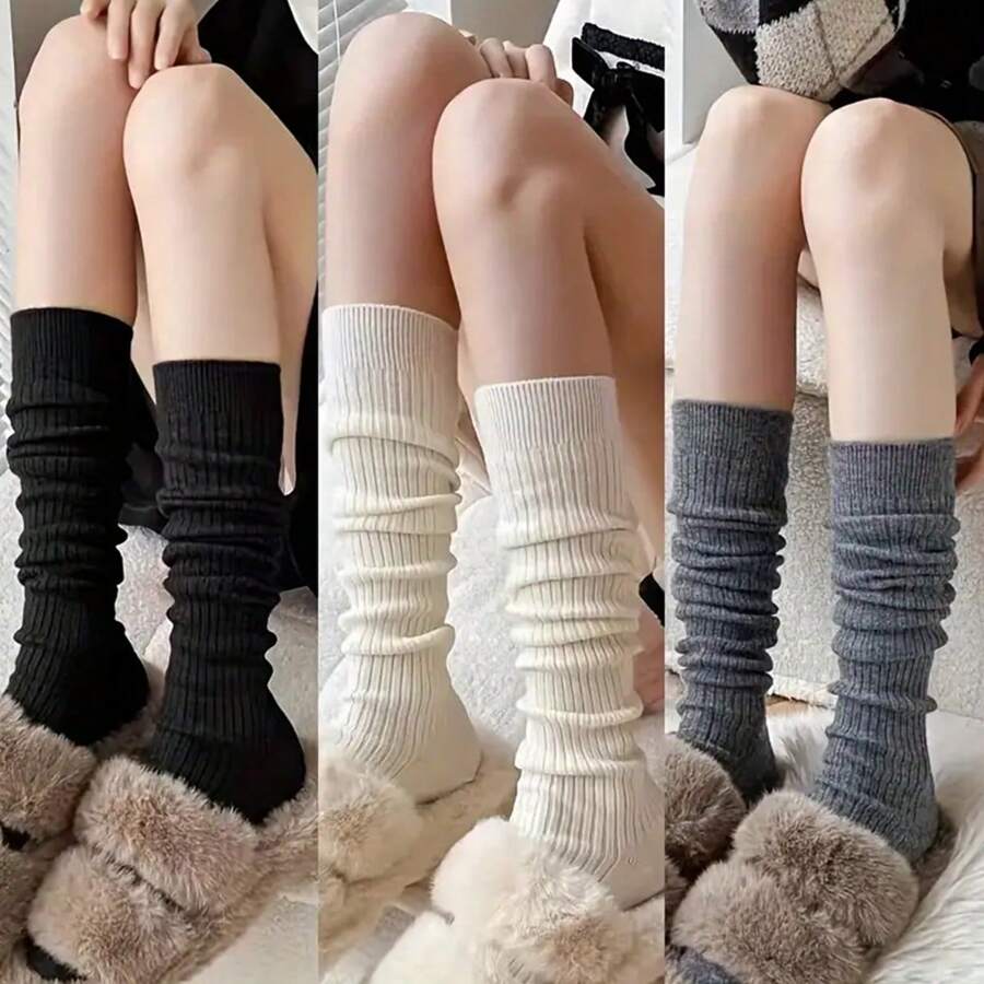 3pcs Women's Autumn Winter Solid Color, Striped, Simplex Design Thick Warm Socks, Casual Knee High Socks - Multicolor - View 1
