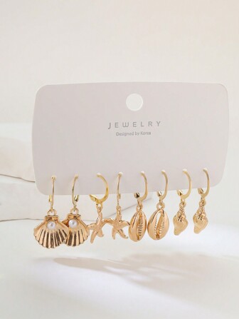 1 套/8 件海星和贝壳设计金色耳环，简约风格女士耳环，适合日常、海滩、度假佩戴