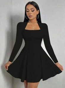 Rochie scurtă cu mânecă lungă, sexy, la modă - Negru - Vizualizare 1