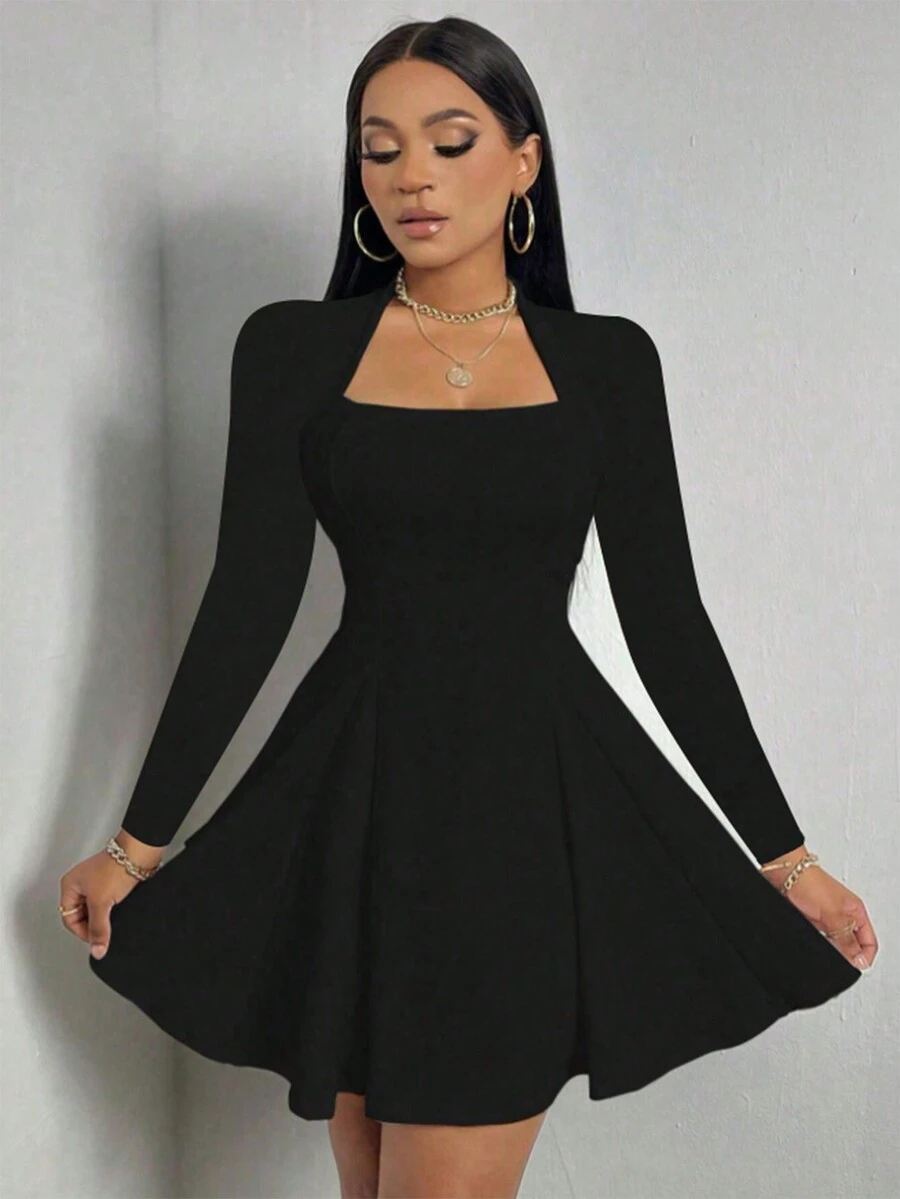 Rochie scurtă cu mânecă lungă, sexy, la modă - Negru - Vizualizare 1