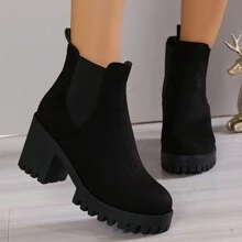 بوت نسائية جديدة للخريف/الشتاء من الجلد المدبوغ، بكعب سميك عالي، رأس مستدير، إيلاستيكي، بوت قصيرة عصرية، بوت للنساء