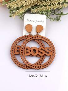 1 Pair 7cm Wooden Round Letter Earrings, BOSS Wooden Earring Studs Vintage Jewelry Accessory, DIY Craft Club Gift
