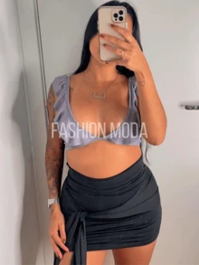 2 Piece Cropped And Skirt Set - 灰黑色 - 查看 2