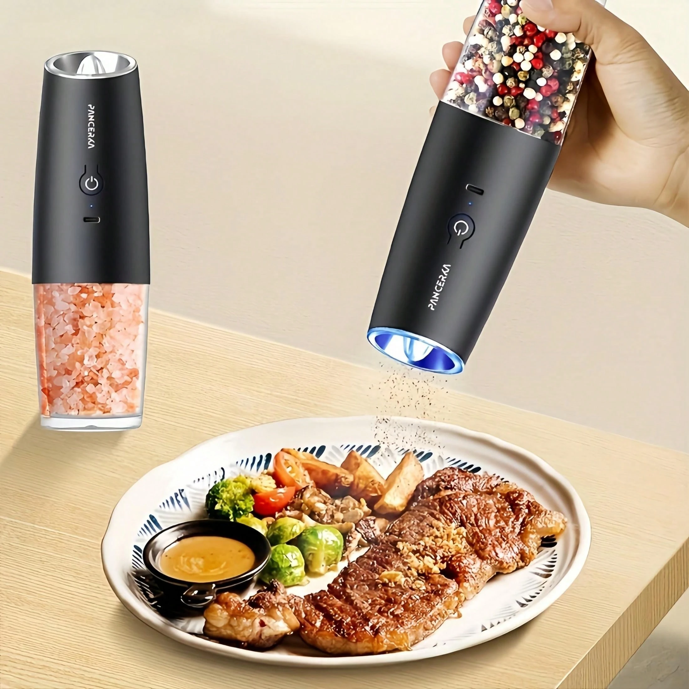 PANCERKA 1SET Electric Pepper Salt Grinder Set Automatic Pepper Salt ...