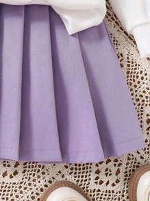 Tween 女童字母印花圆领长袖上衣和纯色百褶裙套装