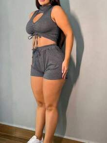 Women's Shorts Ribbed Knit Plain Elastic Waist Women's Fashion - 灰色 - 查看 2