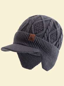 JZML 1pc Men's Deer Embellished Thermal Lined Knit Beanie Hat With Brim