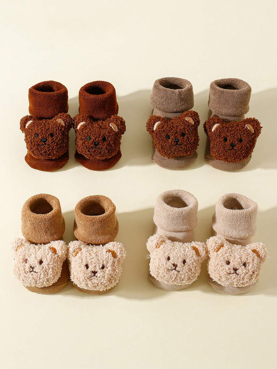 4 Pairs Infant Thick Warm Bear Graphic Anti-Slip Floor Socks, Suitable For Autumn/Winter