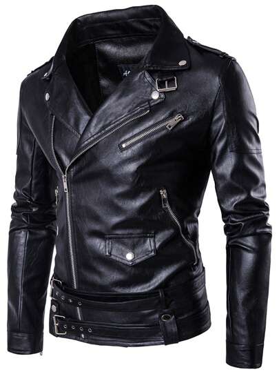 男士中世纪 PU 皮夹克 复古摩托车夹克，秋季