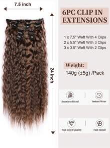 夹式接发，6 件接发长款美人鱼波浪波浪合成夹式假发，适合女性，24 英寸，浅棕色 - 亞麻棕 - 查看 5