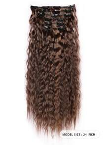 夹式接发，6 件接发长款美人鱼波浪波浪合成夹式假发，适合女性，24 英寸，浅棕色 - 亞麻棕 - 查看 3