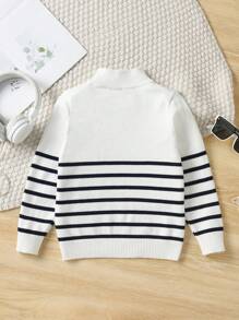 Young Boy Collared Striped Half-Zip Pullover Sweater For School, Autumn & Winter