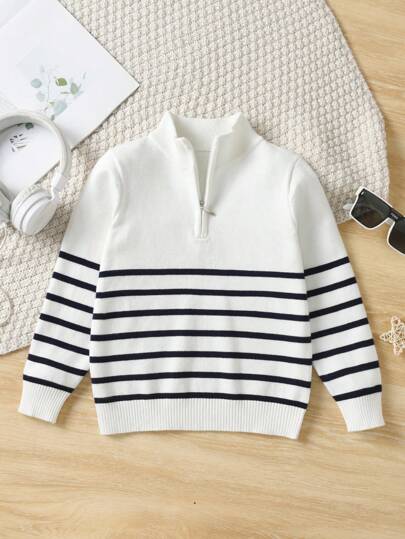 Young Boy Collared Striped Half-Zip Pullover Sweater For School, Autumn & Winter