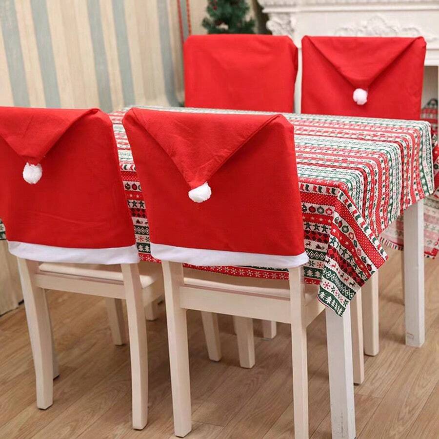 Bộ trang trí ghế Giáng sinh, Trang trí bàn ăn Giáng sinh, Trang trí ghế mũ ông già Noel, Trang trí Giáng sinh, Quà tặng Giáng sinh - Đỏ - Xem 1