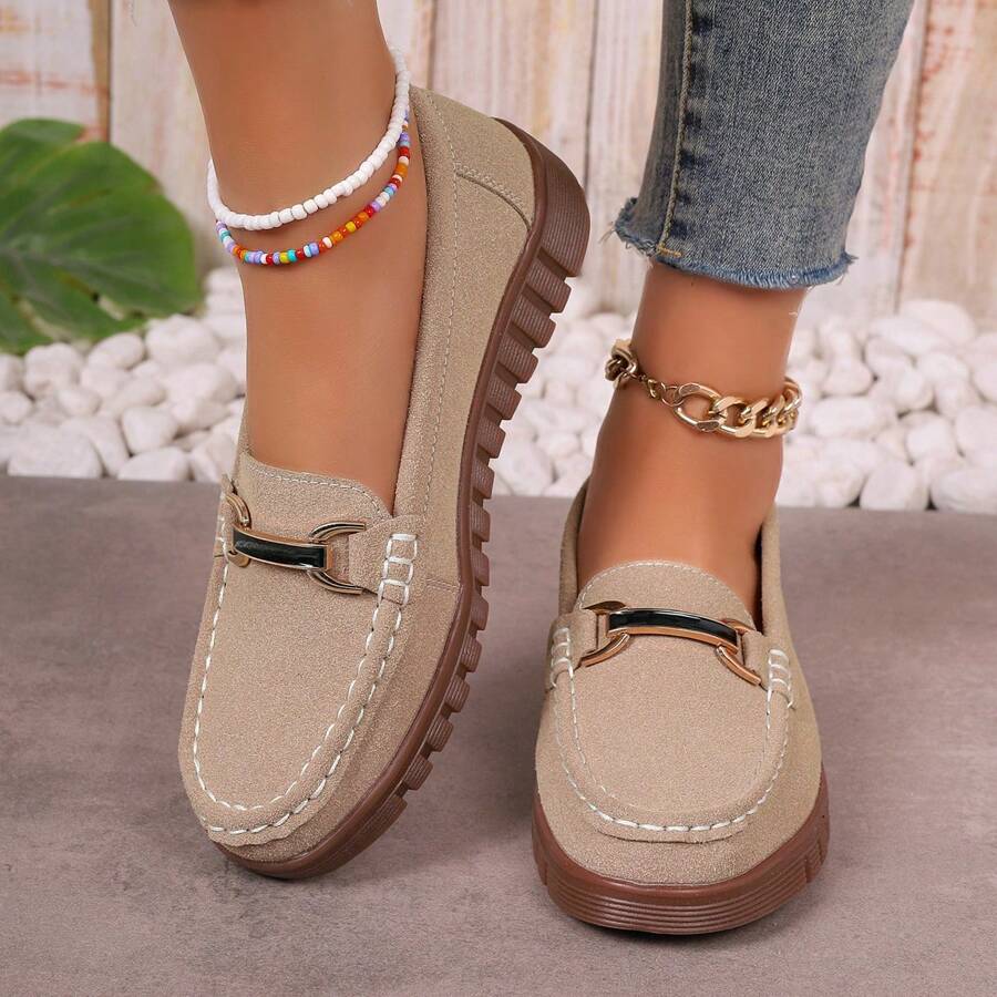 Women's Metal Buckle Decorative Flat Shoes, Fashionable And Versatile Women's Shoes, Casual And Comfortable Soft Soled Shoes - 卡其色 - 查看 1