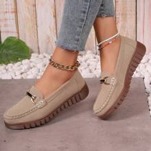 Women's Metal Buckle Decorative Flat Shoes, Fashionable And Versatile Women's Shoes, Casual And Comfortable Soft Soled Shoes - 卡其色 - 查看 2