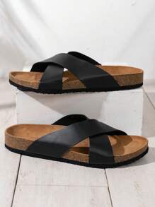 Men's Minimalist Cross-Strap Flat Slide Sandals - Black - View 5