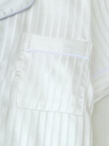 2pcs Women's Satin Striped Short Sleeve Polo Collar Top And Bow Shorts Pajama Set, Spring Summer, Two Pieces Set - White - View 5