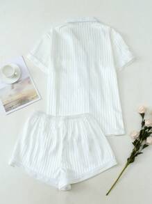 2pcs Women's Satin Striped Short Sleeve Polo Collar Top And Bow Shorts Pajama Set, Spring Summer, Two Pieces Set - White - View 2