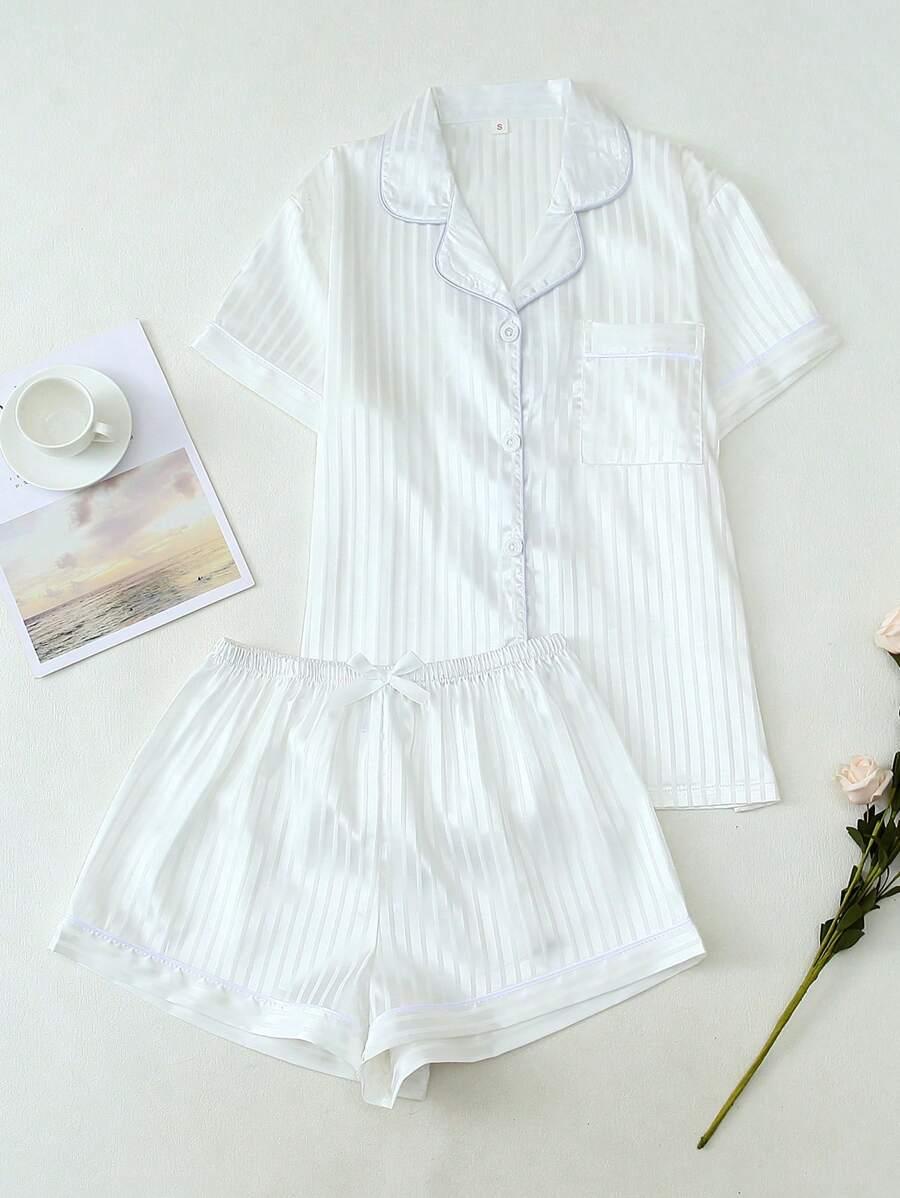 2pcs Women's Satin Striped Short Sleeve Polo Collar Top And Bow Shorts Pajama Set, Spring Summer, Two Pieces Set - White - View 1