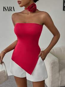 ISARA Women's Strapless Formal Blouse With An Asymmetrical Design And Embossed Flower Detail. - 紅色 - 查看 6