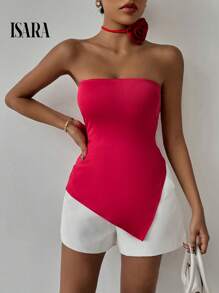 ISARA Women's Strapless Formal Blouse With An Asymmetrical Design And Embossed Flower Detail. - 紅色 - 查看 4