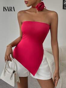 ISARA Women's Strapless Formal Blouse With An Asymmetrical Design And Embossed Flower Detail. - 紅色 - 查看 5