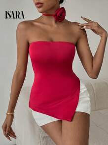 ISARA Women's Strapless Formal Blouse With An Asymmetrical Design And Embossed Flower Detail. - 紅色 - 查看 3